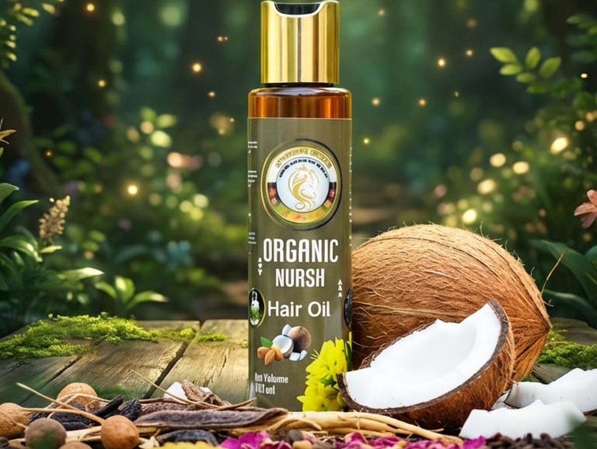 Organic Nursh Premium Herbal Hair Oil resting among hibiscus and botanical herbs
